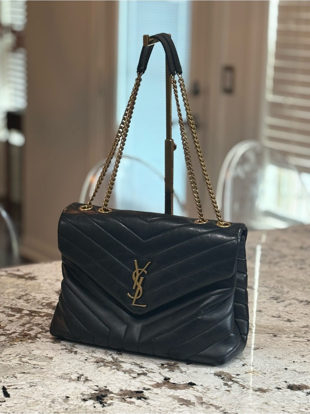 Saint Laurent Black Chevron Quilted Shoulder Bag with Gold Chain